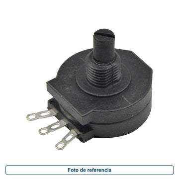 Foto de referencia de un potenciómetro rotatorio de cuerpo y eje negros con tres terminales