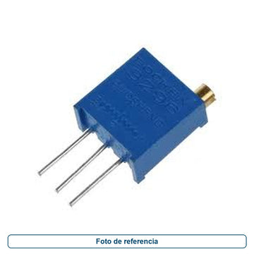 Foto de referencia de un trimpot azul con tornillo de ajuste lateral y tres terminales