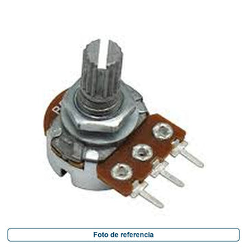 Foto de referencia de un potenciómetro rotatorio con eje estriado y tres terminales para placa