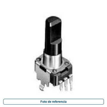 Foto de referencia de un potenciómetro compacto con eje negro y terminales para placa