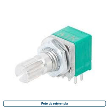 Foto de referencia de un potenciómetro rotatorio de cuerpo verde con eje y terminales para placa
