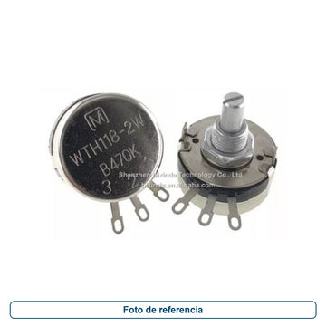 Foto de referencia de potenciómetros rotatorios vistos por ambos lados, con eje y terminales de soldadura