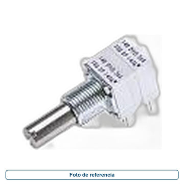 Foto de referencia de un potenciómetro rotatorio de cuerpo claro y eje metálico