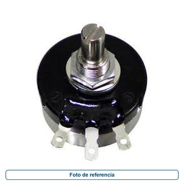 Foto de referencia de un potenciómetro rotatorio con eje metálico y tres terminales de soldadura