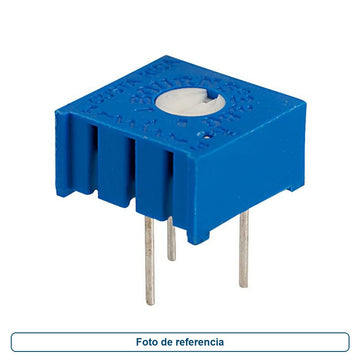 Foto de referencia de un trimmer azul con ajuste superior y tres terminales