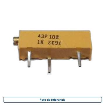 Foto de referencia de un trimpot rectangular con ajuste lateral y tres terminales