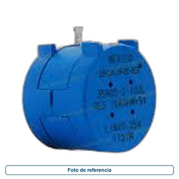 Foto de referencia de un potenciómetro de cuerpo cilíndrico azul con eje metálico
