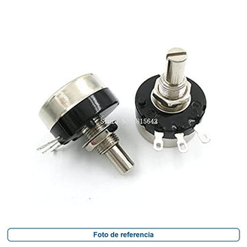 Foto de referencia de potenciómetros rotatorios con eje metálico y terminales de soldadura